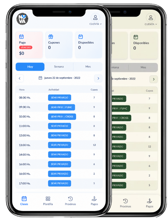 La app de Agendá Turnos en dos celulares mostrando clases, cupos y pagos