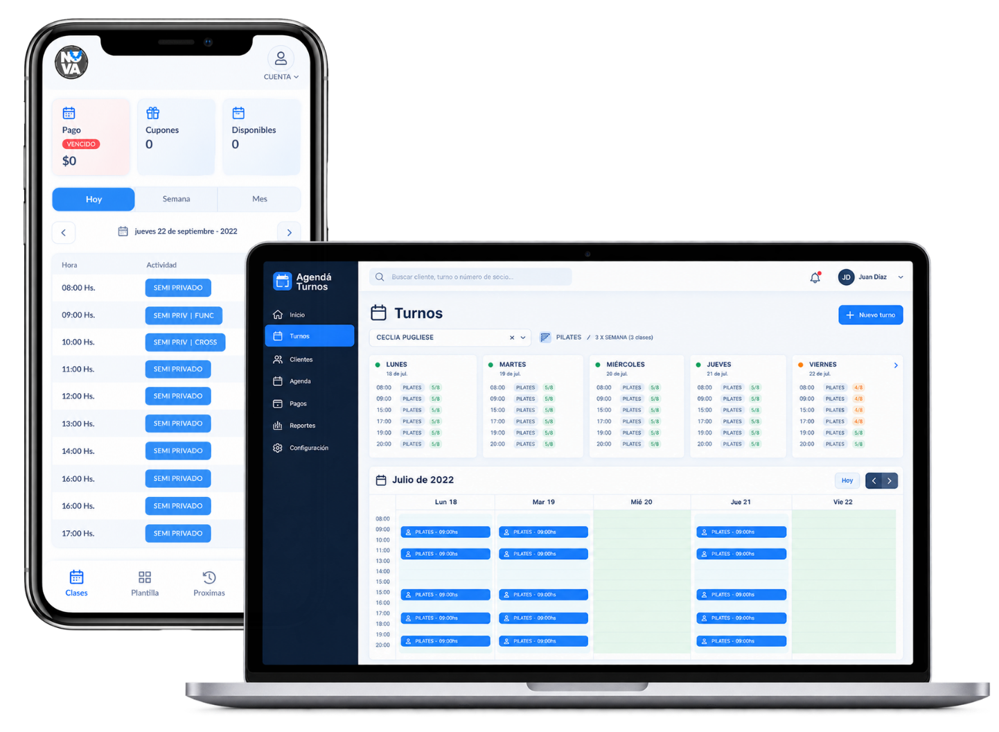 Agendá Turnos en notebook y celular: grilla de turnos semanal y calendario mensual