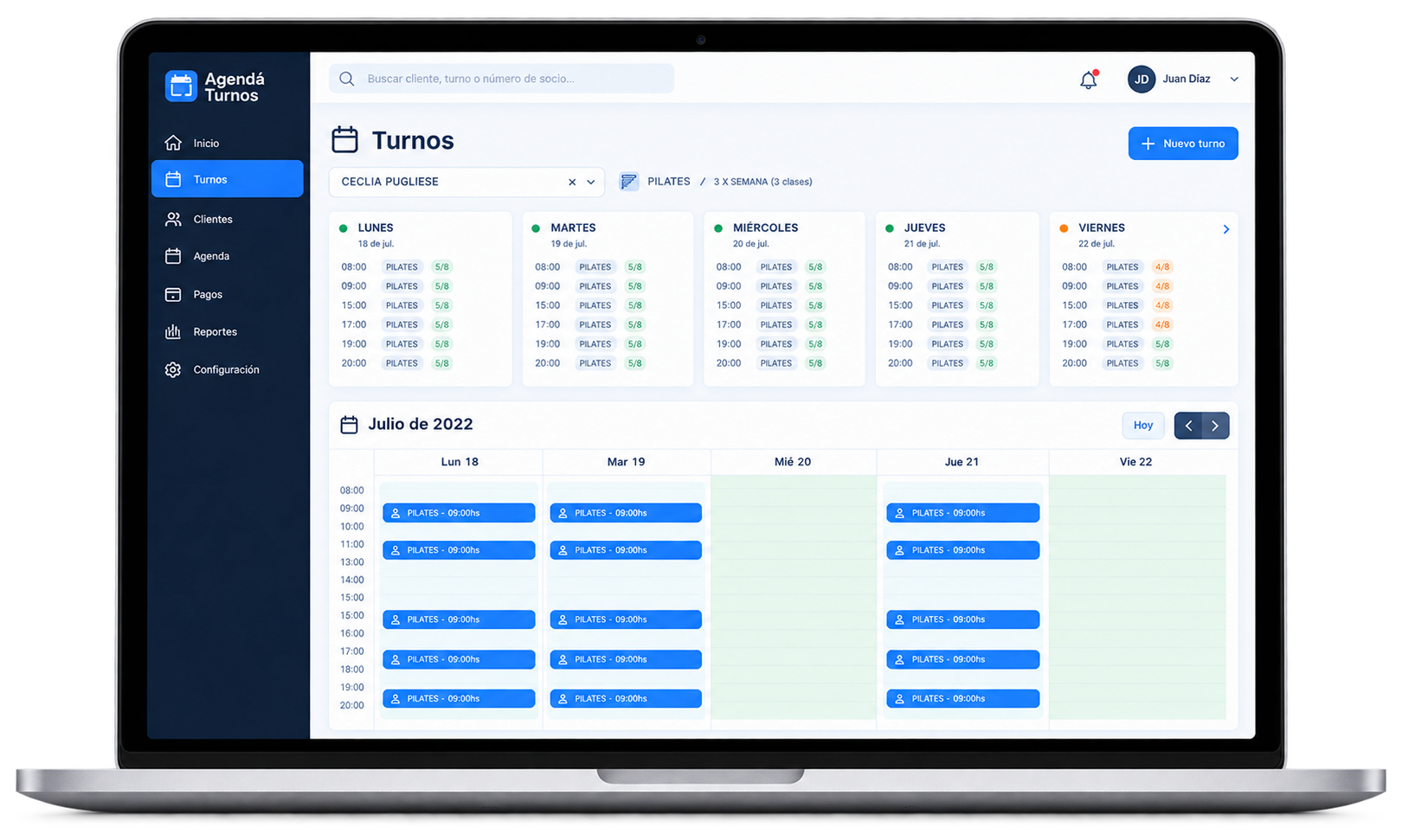 Panel de administración de Agendá Turnos con la grilla semanal de turnos